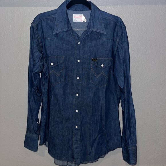 Wrangler Other - VINTAGE 60s WRANGLER PRE-SHRUNK PEARL SNAP EX LONG TAILS DENIM SHIRT 16.5" X 35"